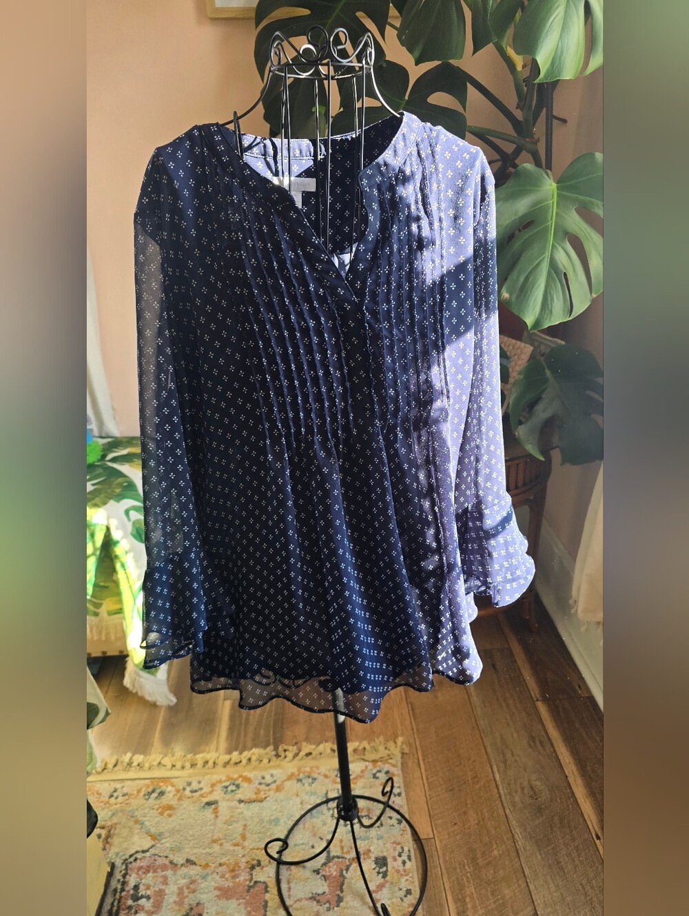 Charter Club Navy Printed Pintuck Peasant Blouse
